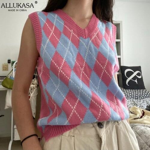 Tank Top Woman Sweaters Pullovers Sleeveless Knitted Vest V Neck Argyle Spring Autumn Vintage Plaid Female Casual Loose Clothing