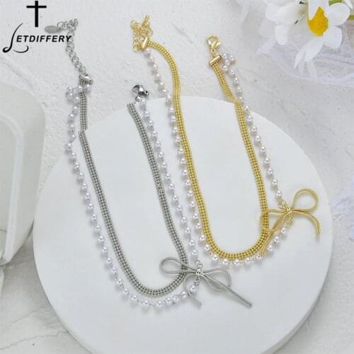 Letdiffery Trendy Multi Layer Pearl Pendant Necklace Alloy Ball Bead Chain Bow Jewelry for Women Girls Party Birthday Gifts