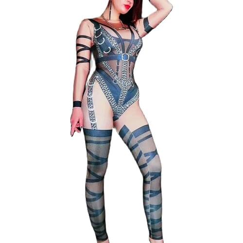 Fashion Ferrule Pattern Print Women Black Nude Stitching Jumpsuits Nightclub Bar Dance Stage Party Performance Jazz Costume