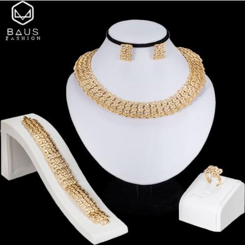BAUS Nigeria Gold Color Wedding Jewelry Sets African Beads Jewelry Set Bridal Imitated Crystal Costume big Necklace Earrings set