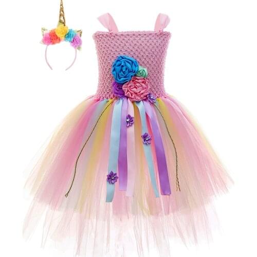 Pastel Flower Unicorn Dress Cute Tulle Princess Girls Tutu Dress Kids Birthday Party Dresses for Girls Halloween Unicorn Costume