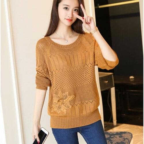 Summer Crochet Hollow Out Pullovers Women Knitted Thin Ladies Tops Long Sleeve Casual Ladies Pull O-Neck Jumper Female