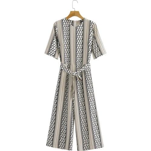 Vintage Round Neck Short Sleeve Personalized Printing Women Rompers Fashionable Drape Straight with Belt Chic Female Jumpsuit