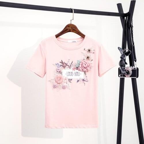 Plus Size Beaded Letter Printed 3D Flowers Embroidery T-shirt Women 2021 Summer New Short Sleeve Pullover Student T-shirts Tops