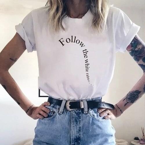 Follow The White Rabbit Print Vogue Fashion Tops Tshirts Clothes Women Alice In Wonderland Graphic Female Tee T-Shirt,Drop Ship