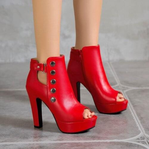 2021 Spring Shoes Red High Heel Ankle Boots for Women Yellow White Chunky Heel Platform Boots Womens Shoes Size 34-43 Fashion