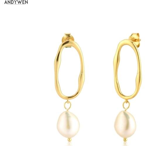 ANDYWEN 925 Sterling Silver Gold Irregular Pearl Drop Earring Women Fashion Clips Luxury Fashion Fine Jewelry 2020 Rock Punk