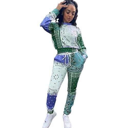 Two Piece Set Women Outfits T Shirt Tops And Pants Suits 2021 Autumn New Paisley Print Panelled Casual Tracksuit Women Set