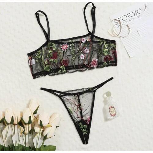 Ladies Sexy Temptation See-through Underwear Floral Embroidery Mesh Underwear