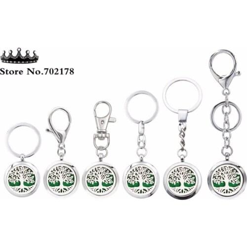1pc Tree of life 316L stainless steel 30mm Essential Oil Aroma Diffuser locket Keychain keyring send 10pcs pads color randomly