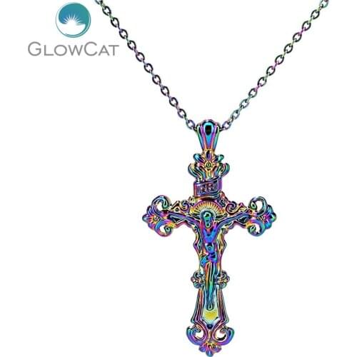 20" Rainbow Color Alloy Cross Jesus Religion Belief Pendant Charms Necklace Beauty Gift