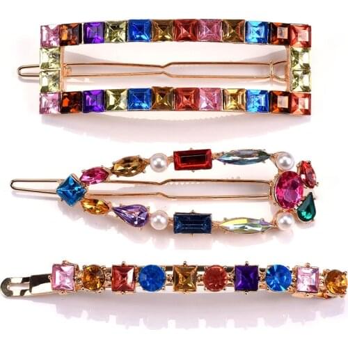 3pcs Colorful Glass Crystal Hairpins Women Hair Jewelry Brand ZA Hair Clips Female Girl Square Hairclips Bridal Long Barrettes