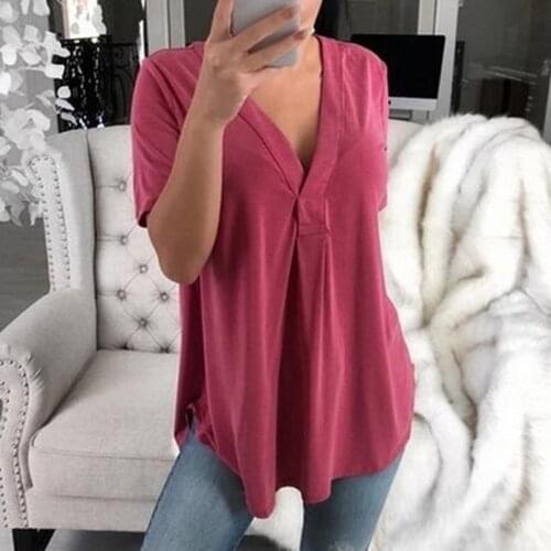 4# Womens V-neck Short Sleeve T-shirts Solid Color Loose Large Size T-shirts Mujer Camisetas Goth Women Clothing 2020 Топ