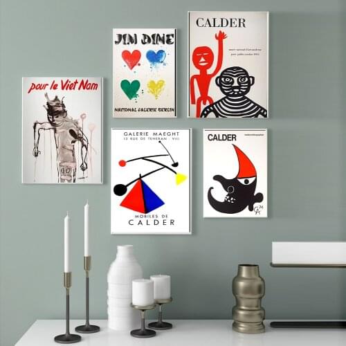 Alexander Calder series of abstract art exhibition posters, black shadows, tigers and reds and smiling moon canvas paintings