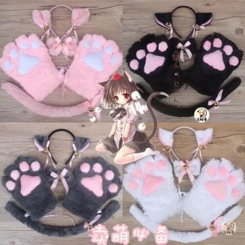 Anime Cosplay Costume Accessory Hairwear Hairbands With Cat Ears Fantasy Set Maid Lolita Plush Glove Tail Paw Ear
