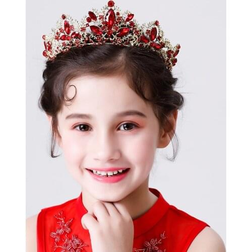 Baroque Vintage Gold Red Crystal Kid Luxury Crowns Wedding Hair Accessories Rhinestone Princess Diadems Women Hair Jewelry
