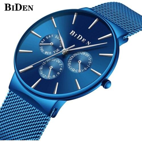 BIDEN Men Quartz Watch ultra thin mesh band Wristwatch For Male Waterproof Calendar Week 12/24 hours Display Relogio Masculino