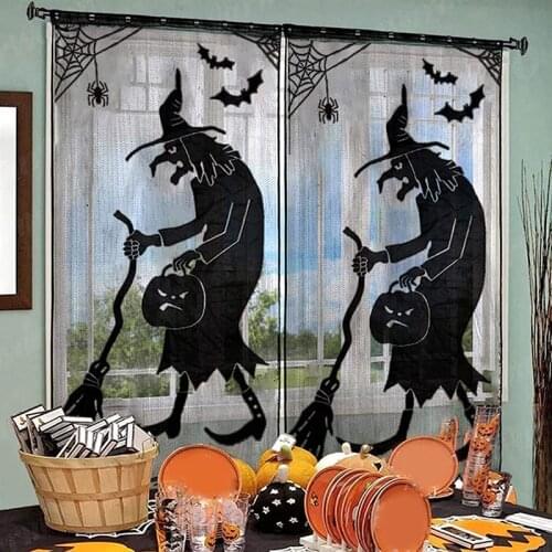 Hallowen Black Lace Tablecloth Curtain Horror Skeleton Witch Bat Door Hanging Ornament For Happy Halloween Party Home Decor Prop