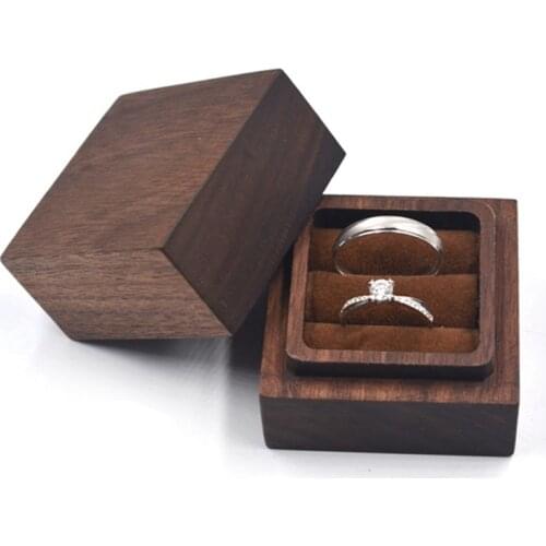 Walnut Wood Ring Box Wedding Engagement Double Ring Bearer Case Rustic Decor Wooden Decorative Jewelry Boxes