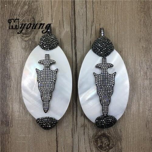 Long Oval Mother Pearl Shell Pendant With Rhinestone Paved , Arrow Shape CZ Zirconia Micro Paved Charms, MY1733