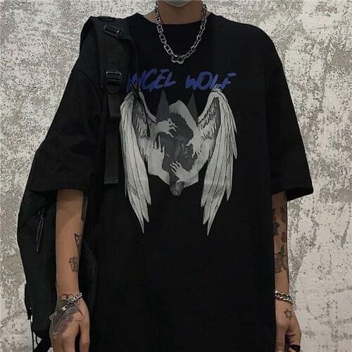 Lovers short-sleeved t-shirt men women 2021 summer Korean street vintage dark wolf head print oversized large size hip-hop tops