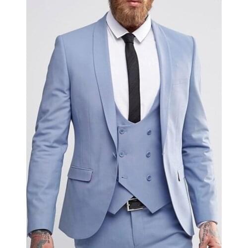 Tailor Made Fashion Formal Groom Suit For Wedding Dress Party Blue Mens Suit Peak Lapel Handsome Casual Set (Jacket Vest Pant)