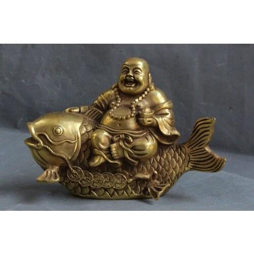 China Bronze Brass Yuan bao wealth Happy Laugh Maitreya Buddha Ride Fish Statue