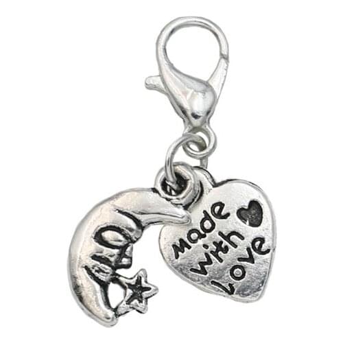 KJjewel Antique Silver Plated Moon Made with Love Heart Charm Lobster Clasp for Jewelry Making Bracelet Diy Handmade 24x13mm
