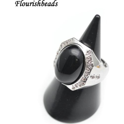 Rhodium Silver color Gemstone Unisex Rings Natural Agate Tiger Eye Cabochon CZ Beads Setting Party Jewelry Size Adjustable Bands