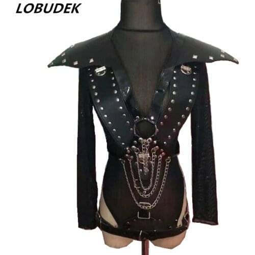 Punk Style Bodysuit Mesh Black Leather Rivet Chain Armor Jumpsuit Women Singer Dancer Stage Costume Concert Performance Costume