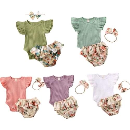 Infant Baby Girls Clothes Set Pure Color Short Sleeve Romper Tops+Ruffles Floral Shorts+Headband Summer Outfit 3M-18M