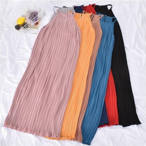 Summer new style Korean sleeveless suspender skirt pleated dress waist sleeveless retro long skirt