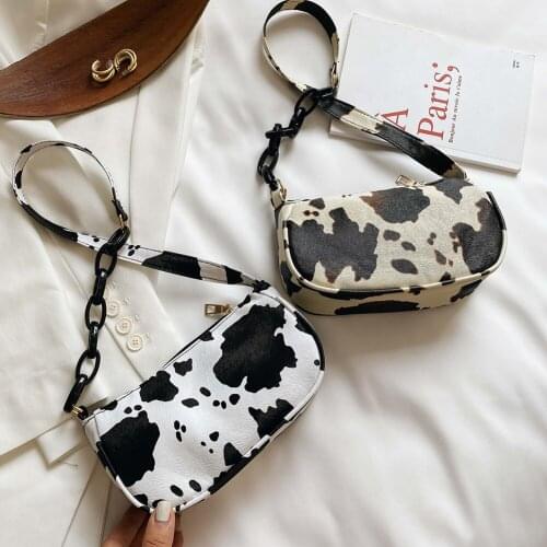 Fashion Milk Cow Printed Womens Handbag Casual PU Leather Acrylic Chain Street Underarm Shoulder Bags Portable Travel Purse