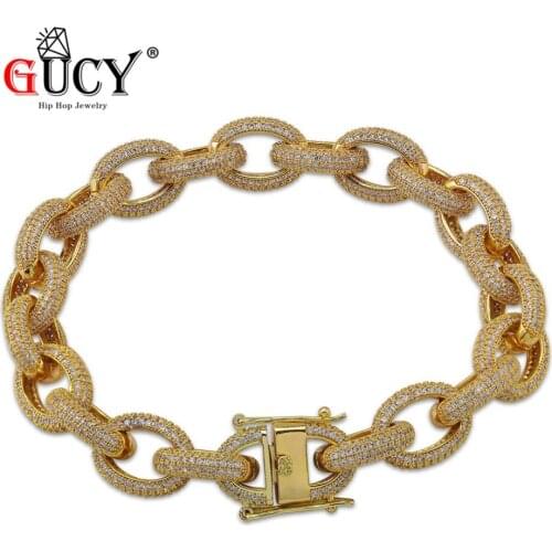 GUCY Hip Hop Mens Bracelet Gold/Silver Color Plated Micro Paved CZ Stones All Iced Out 12mm Oval Link Chain Bracelets