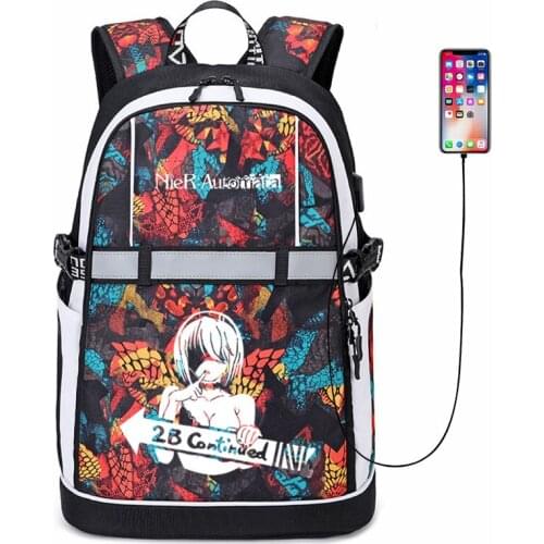 NieR:Automata Backpack 2B Anime USB Bags Oxford Reflective Stripe Schoolbag Travel Bags