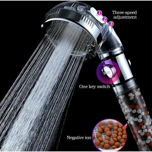 3 Modes Adjustable Shower Head with Switch Stop Button High Pressure Anion Filter Bath Head Water Saving Shower Bathroom Fixture