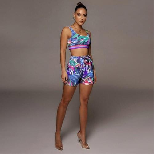 Beach Printed Sleeveless 2 Pieces Tracksuit Streetwear Tank Vest Crop Top Drawstring Sporty Short Pants Loose Mini Jogger Shorts