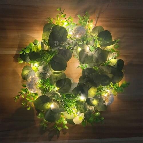 Glowing Artificial Wreath White Chrysanthemum And Green Leaf Eucalyptus Flower Garland For Door Decor Wall Hanging