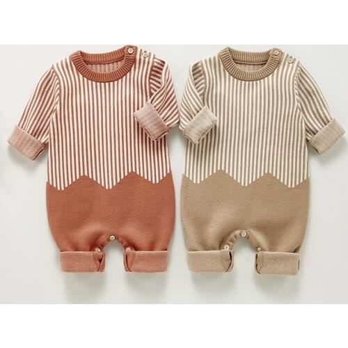 Autumn New Toddler Boy Knitted Wool Rompers Kids Girls Cotton Long Sleeve Casual Clothes Infant Boys Girls Vertical Bar Jumpsuit