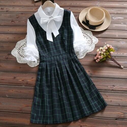 Japanese Preppy Spring Women Mini Dress Patchwork Red Green Plaid Bow School Uniform Elegant Cute Kawaii Girls Dress MH659