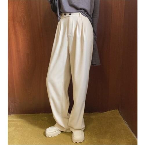 Vintage Trousers Women 2021 Spring Korean Style Solid Color Casual Two Butoons Pleated High Waist Wide Leg Pants B366