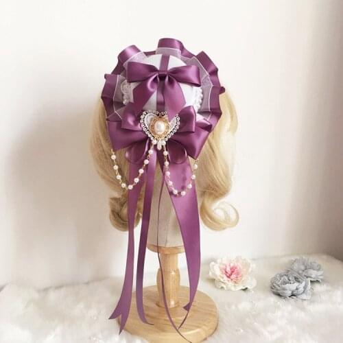 Japanese Girls Mini Lolita Hat Hair Clips Purple Blue Lace Bow Satin Fascinator Hat Pearl Chain Headdress Fancy Party Headpiece