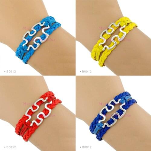 Autism Awareness Ribbon Jigsaw Puzzle Pieces Blue Red Yellow Leather Braid Bracelets for Women