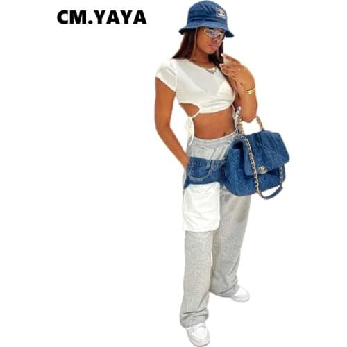 CM.YAYA Women Pants Patchwork Drawstring Waist Pockets Stretchy Pants Fashion High Streetwear Summer Trousers 2021
