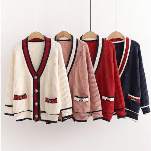 Women Knit Cardigan Sweater V Neck Patchwork Cardigans Loose Sweaters Warm Knitwear Single Breasted Pocket 2021 Autumn Winter