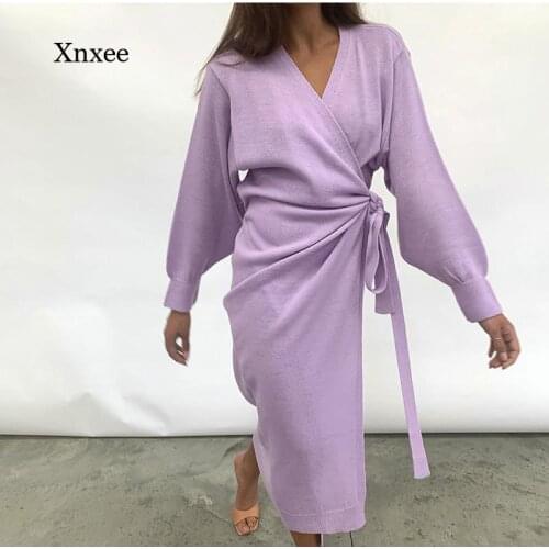 2021 Ladies Long Knit Wrap Dress Spring Slim Oversized Elegant Daily Mid-Length Dress Sexy V-Neck Knit Sweater Robe