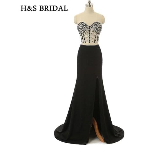 H&S Bridal Black Chiffon Side Slit Two Pieces Party Prom Dresses Sheer Lace Pearls Beaded Sexy 2 Pieces Evening Gowns