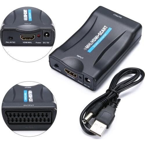 1080P MHL HDMI To SCART Video Audio Upscale Converter AV Signal Adapter HD Receiver TV STB DVD with USB Cable