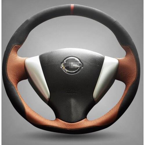 For Nissan Tiida Sylphy Sentra 2014 Note Hand-stitched Black Suede Brown Leather Steering Wheel Cover car accessories Auto parts
