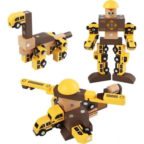 Wooden Magic Engineering Vehicles Robot Car Train Magnetic Children Creative DIY Toy Early Educational Gift For Kids